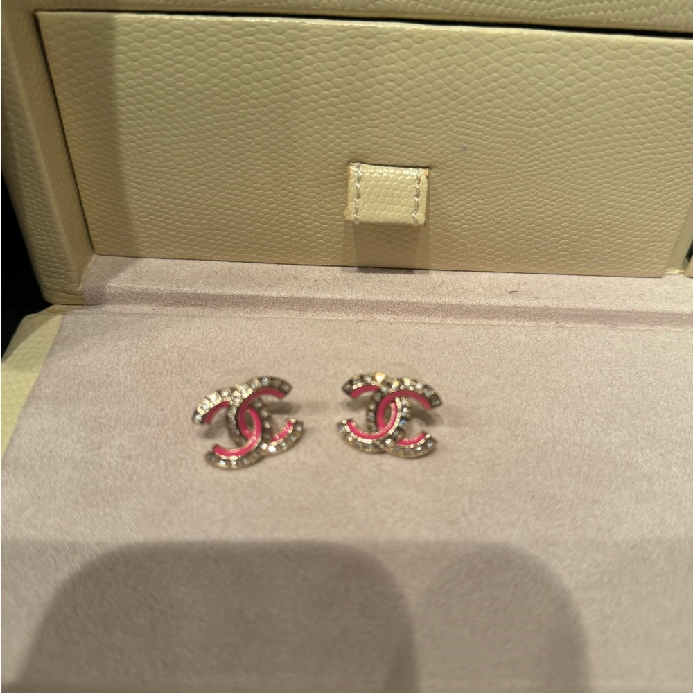 Large CC Pink and Silver Earrings - Picture 2 of 6